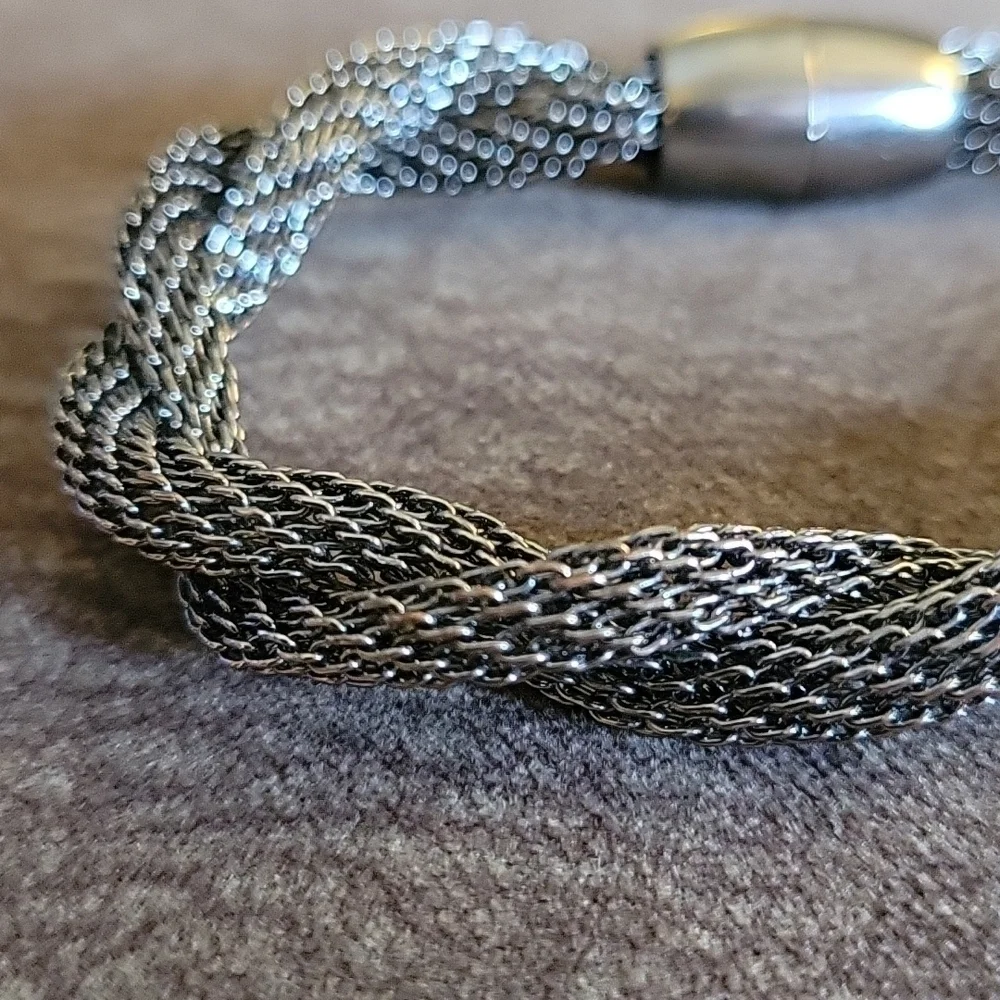 Silvertone Metal Mesh Braided Magnetic  Clasp Unisex Bracelet